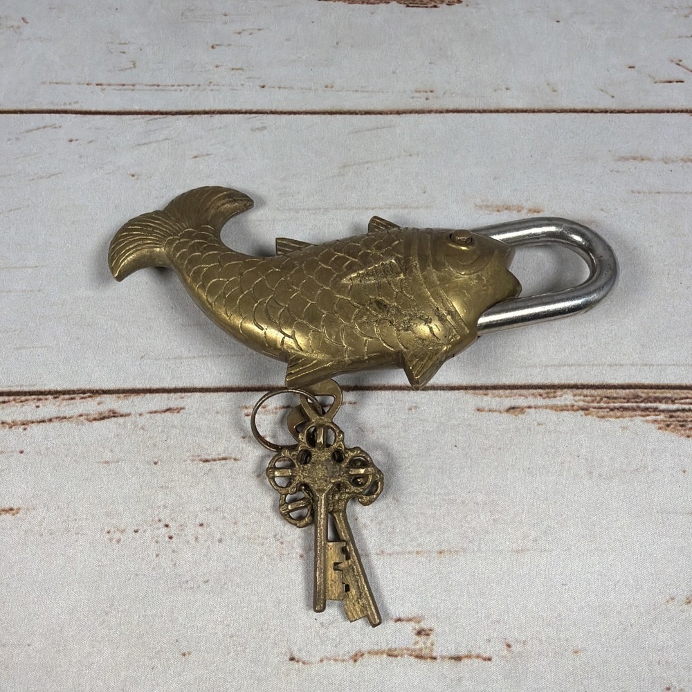 Vintage Style Solid Brass Fish Padlock with 2 Keys Working Decorative Lock India